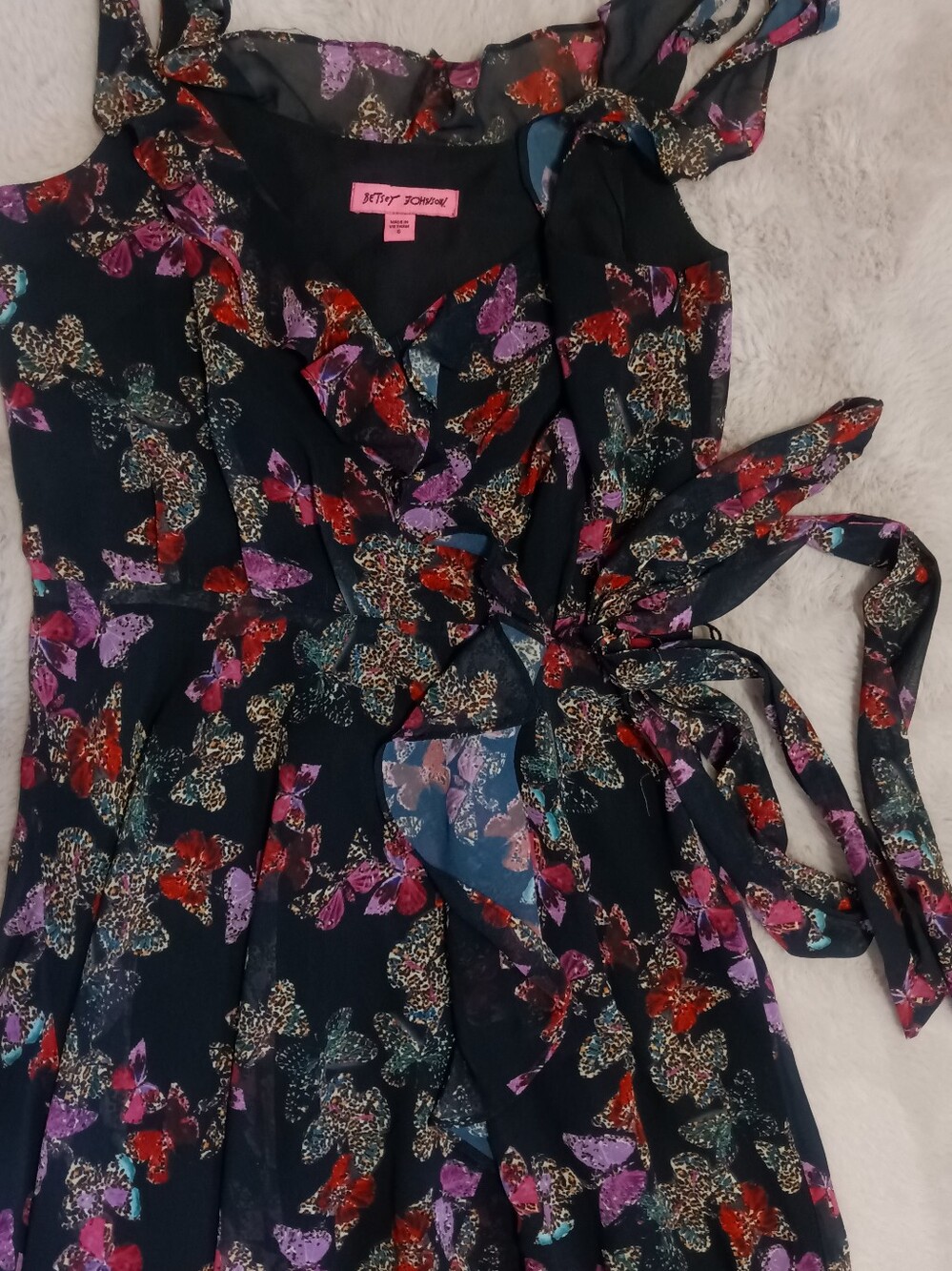 Betsey Johnson Chiffon Butterfly & Leopard Hybrid Print Wrap Midi Dress Size 6